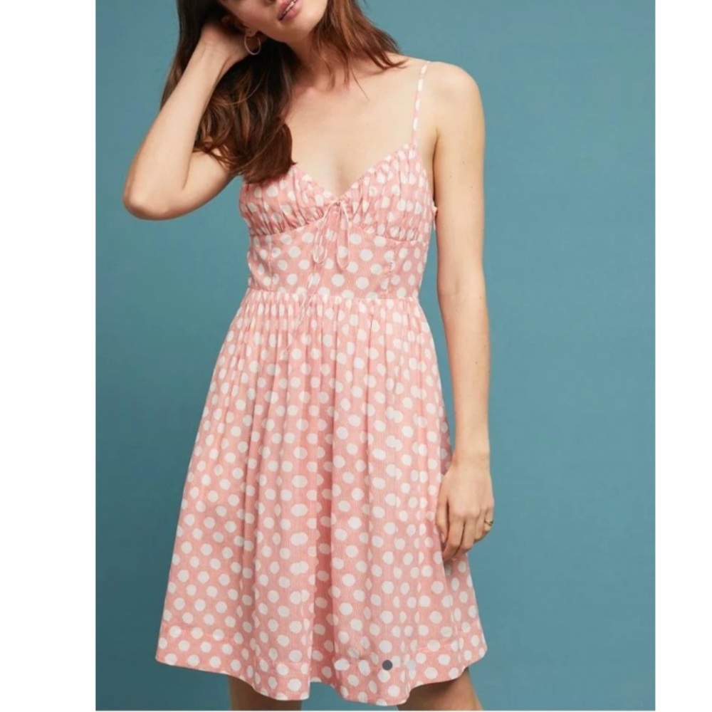 Anthropologie (AKEMI+KIN) Audubon Coral Pink and White Polka Dot Smocked…